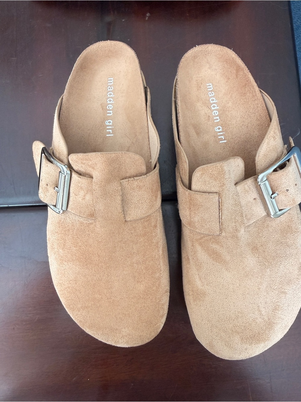 Madden Girl Tan Suede Buckle Clog Mules platform